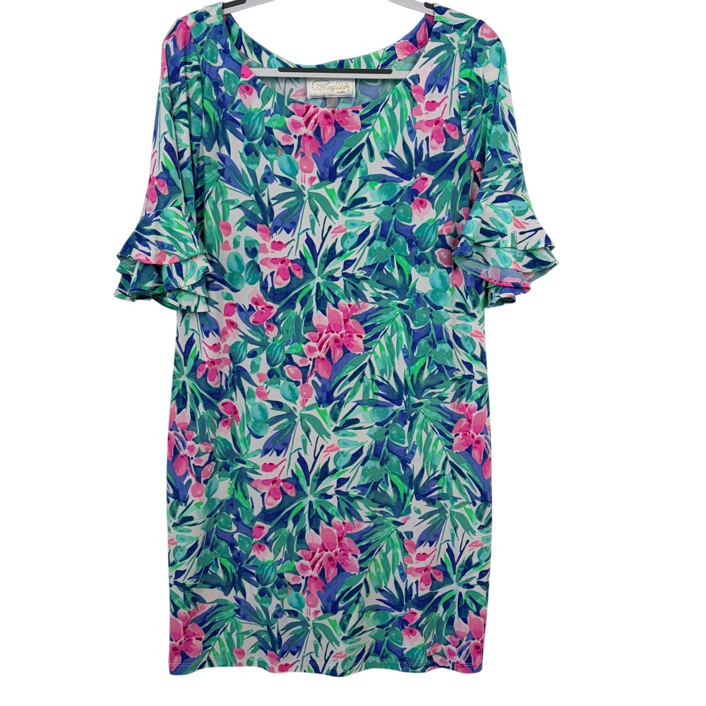 Pappagallo Floral Ruffle Sleeve Shift Dress Large Multicolor Tropical